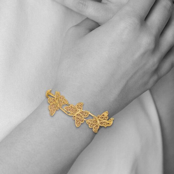 14k Yellow Gold Filigree Butterfly Hinged Bangle Bracelet - Picture 3 of 5